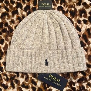 Brand New Polo Ralph Lauren Gray Marble Knit 50% Wool Ribbed Beanie Hat